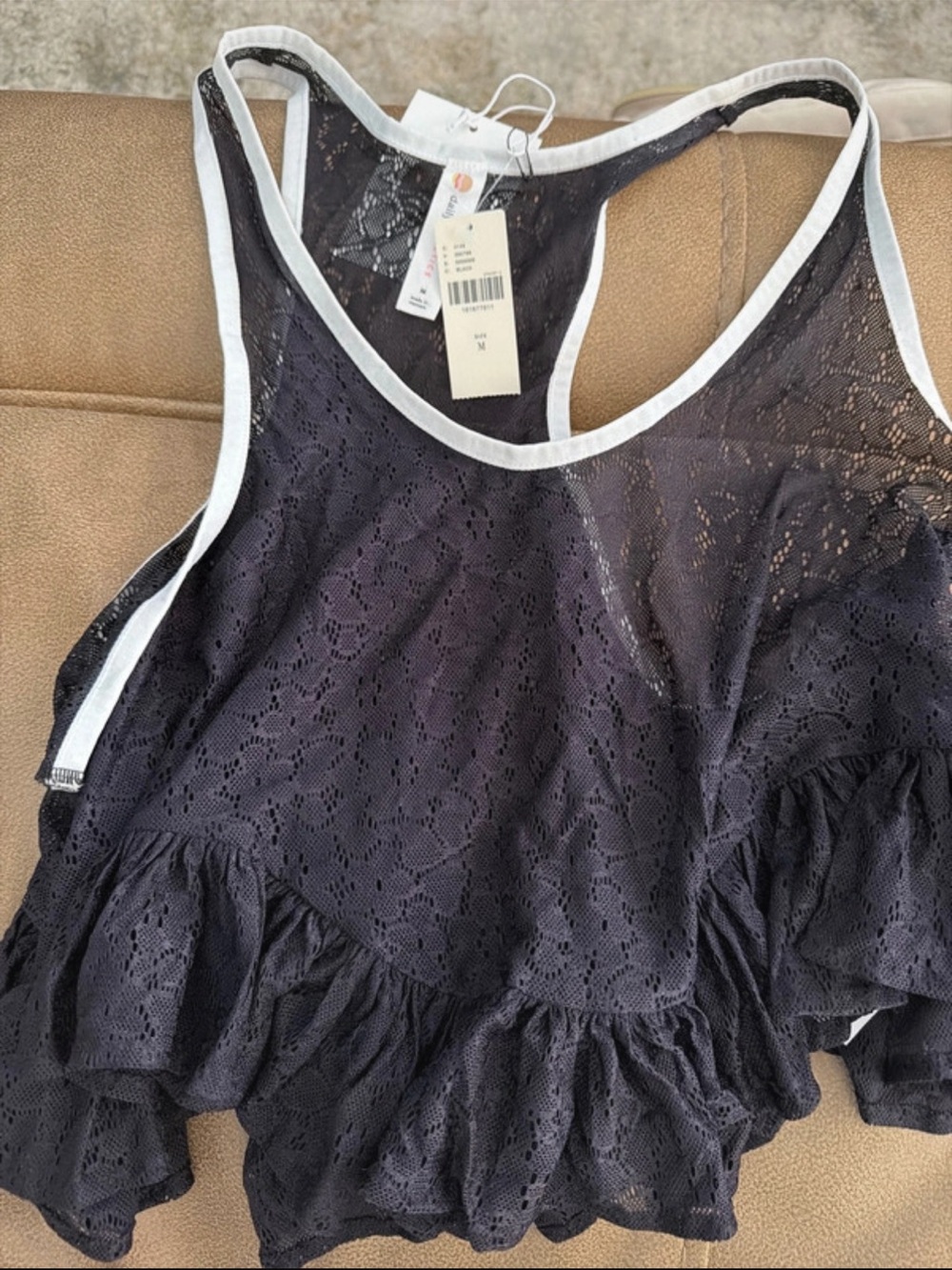 Anthropologie Black Lace Ruffle Crop Top with White Trim